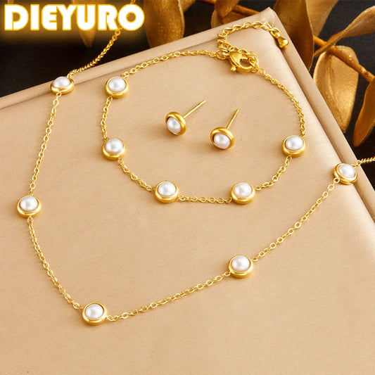 Women's Stainless Steel Round White Pearl Necklace Bracelet Earrings