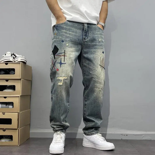 Old Tattered Patched Embroidered Jeans Men's Small Straight Leg Pants