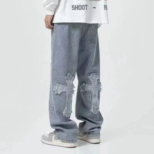 Men Streetwear Baggy Jeans Trousers Cross Hip Hop Mens Loose Jeans