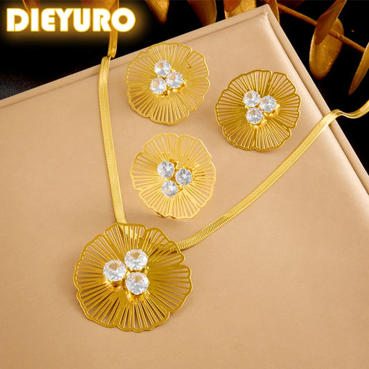 Stainless Steel Hollow Flower Inlaid With Zircon Necklace Earrings Ring For Women New Trend Non-fading Jewelry Set