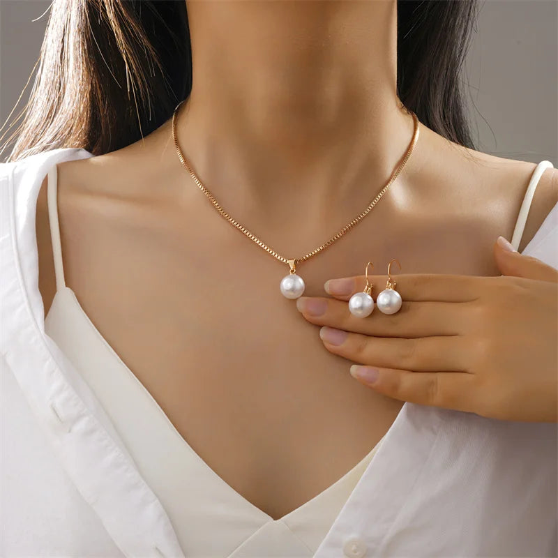 3 Pcs Round Pearl Jewelry Set Of Earring Pendant Necklace For Women Exquisite Fashion Rhinestone Jewelry Set
