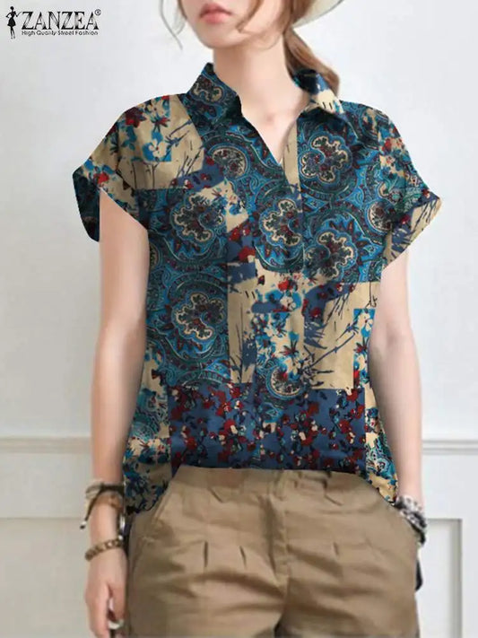 Summer Vintage Floral Printed Blouse Women Tops Bohemian Short Sleeve Shirt Retro Lapel Neck