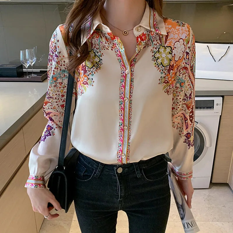 Long Sleeve Shirts Casual Tops Spring Fashion Women Floral Print Blouse Tops Ladies Shirts