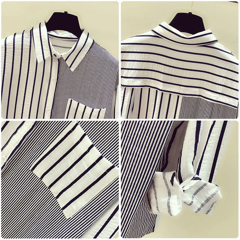 Korean Summer Trendy Women's Shirt Loose Casual Striped Patchwork Shirts Pocket Office Lady Sweet Women's Top