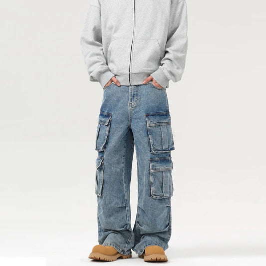Men's Baggy Jeans Blue Wide Legs Denim Pants Oversize Cargo Korean Fashion Male Clothes