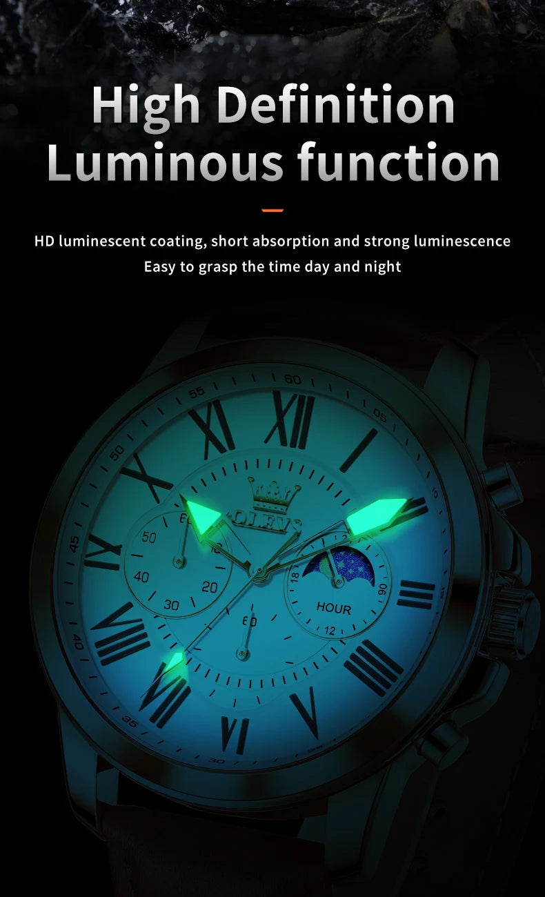OLEVS 3632 Men's Watches Luxury Waterproof Leather Strap Moon phase Quartz Luminous 45.5MM Big Dial Watch