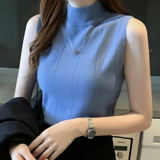 Korean Fashion Ladies Tops Spring New Summer Women Tops Casual Clothes Sleeveless Knit Elastic Blouse