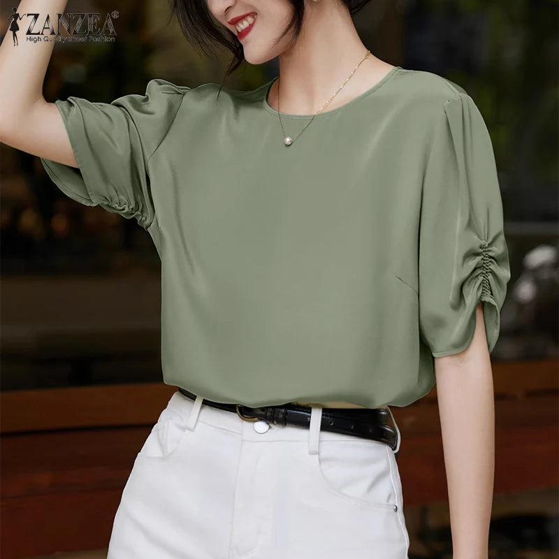 Solid Casual Office Work Tops Fashion Summer Short Sleeve Elegant Loose Blouse