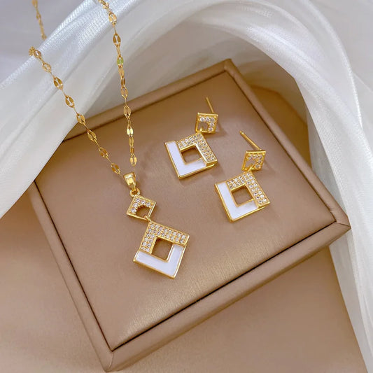 Stainless Steel Austrian Crystal Enamel Square Pendant Jewelry Sets Women
