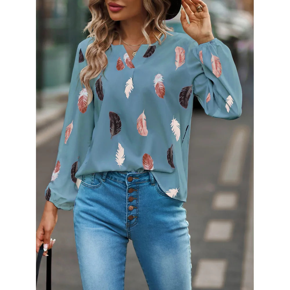 Fashion Woman  long Sleeve Feather Pattern, Ladies Elegant Chiffon Tops