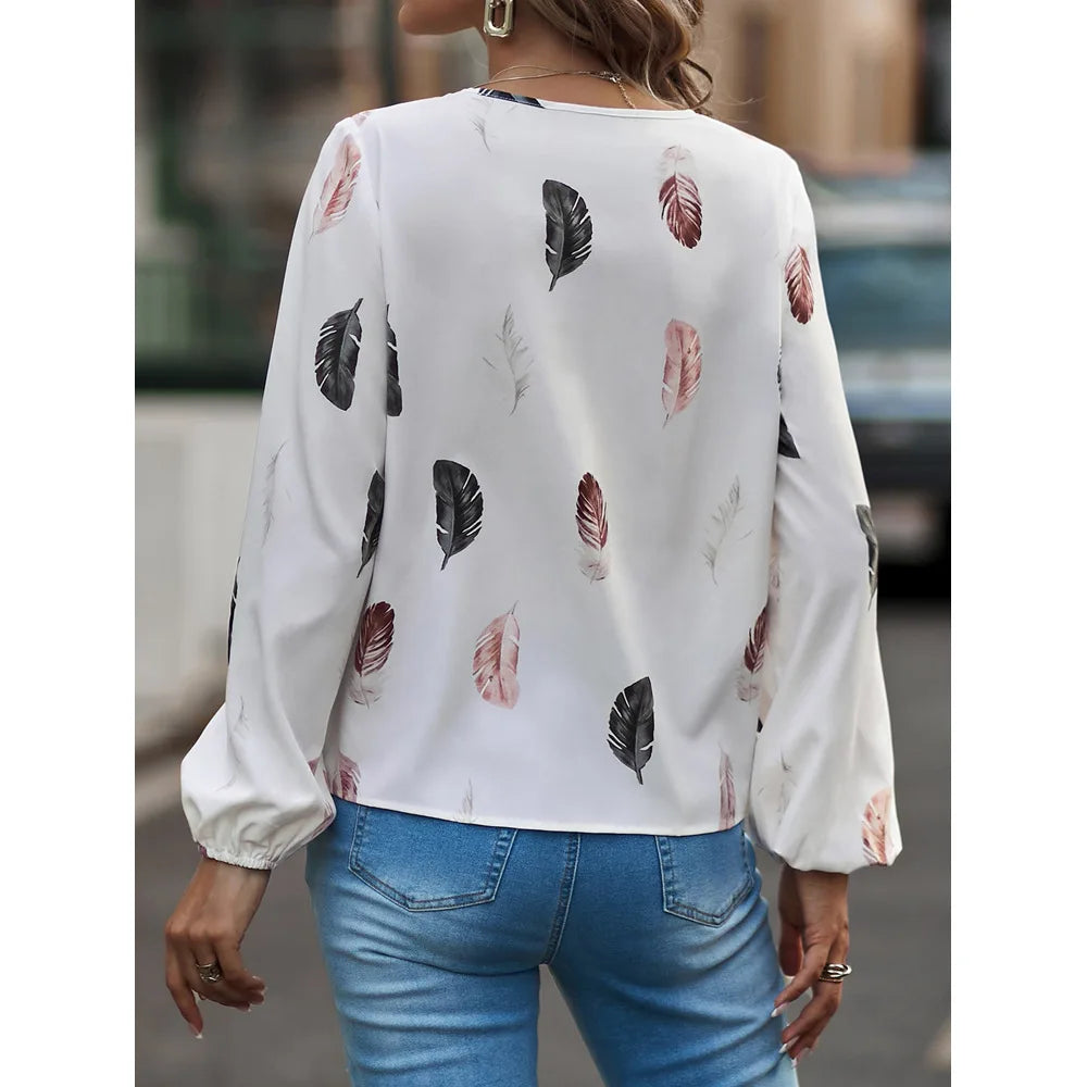 Fashion Woman  long Sleeve Feather Pattern, Ladies Elegant Chiffon Tops