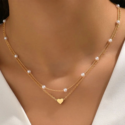 Simple Pearl Choker Necklaces for Women Fashion Double Layer Chain Small Love Heart Pendant Necklace