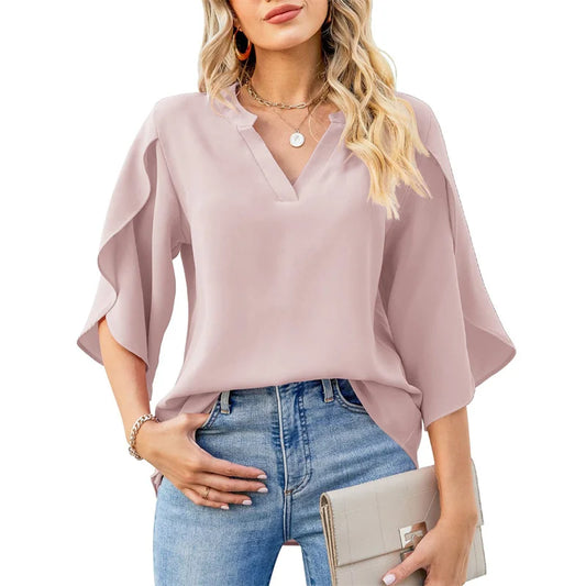 Women Summer Style Chiffon Blouses Shirts Lady Casual Short Flare Sleeve V-Neck Loose Blouse