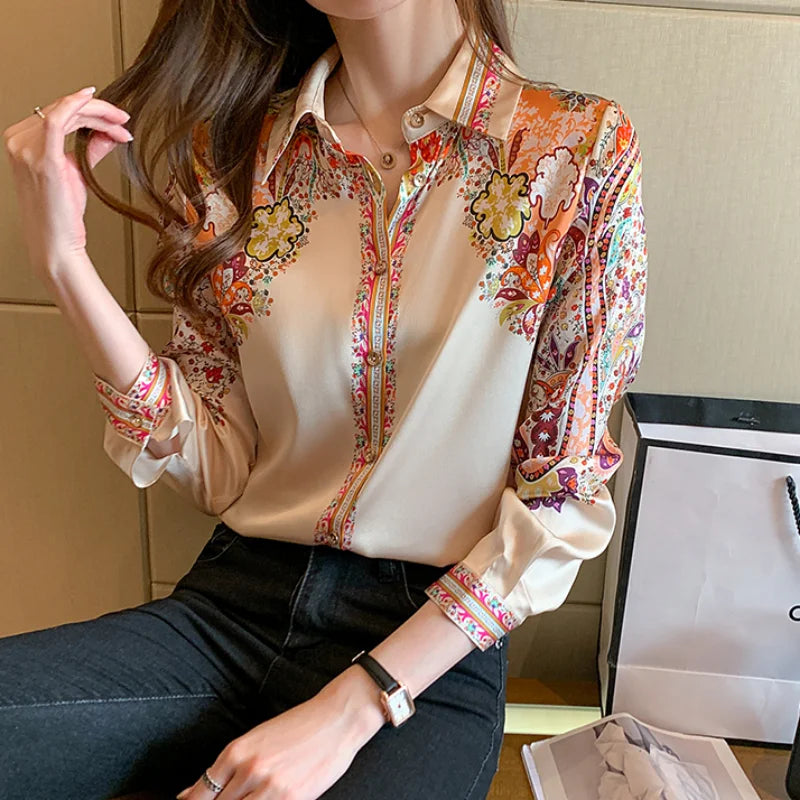Long Sleeve Shirts Casual Tops Spring Fashion Women Floral Print Blouse Tops Ladies Shirts