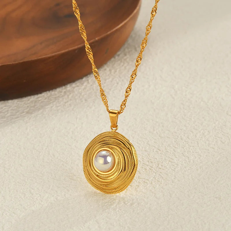 Elegant Imitation Pearl Necklace Earrings Ring For Women Vintage Stainless Steel Jewelry Set