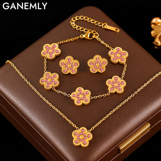 Pink Zircon Reversible Clover Necklace Bracelet Earrings Set For Women Trendy Stainless Steel Waterproof Jewelry
