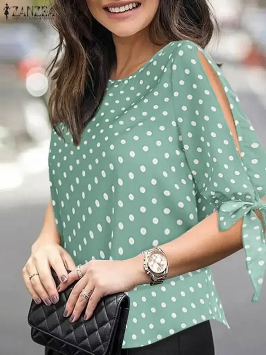 Woman Casual Polka Dots Printed Blouse Fashion Holiday Shirt Half Sleeve O-Neck Tunic Tops