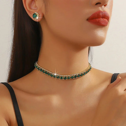 Inlaid Green Rhinestone Necklace Earring Set for Women Luxury Choker Necklace Stud Earrings