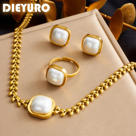 Stainless Steel Square Large Pearl Necklace Earrings Ring For Women