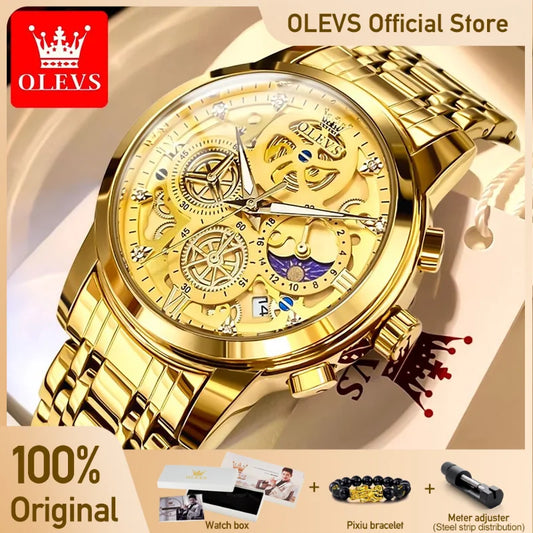 OLEVS Men's Waterproof Quartz Watch for Man Gold Skeleton Style 24 Hour Day Night Watch