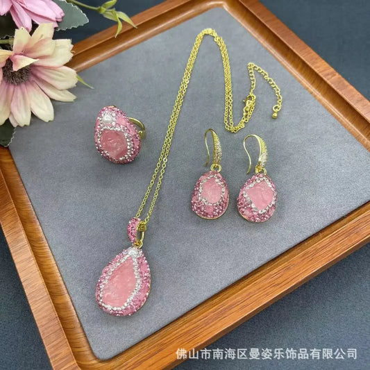 New natural powder crystal rough stone jewelry set French fashion inlaid rhinestone three-piece set jewelry