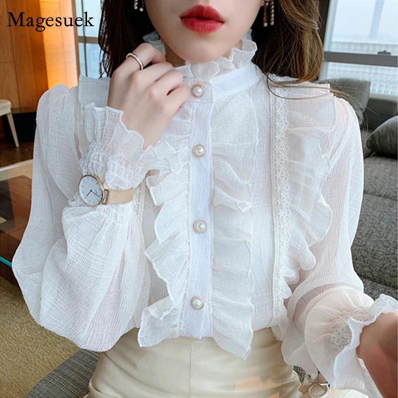 Korean Women Elegant Chiffon Shirt and Blouses Chic Long Sleeve Lace Ruffles Stand Collar Casual Loose White Top