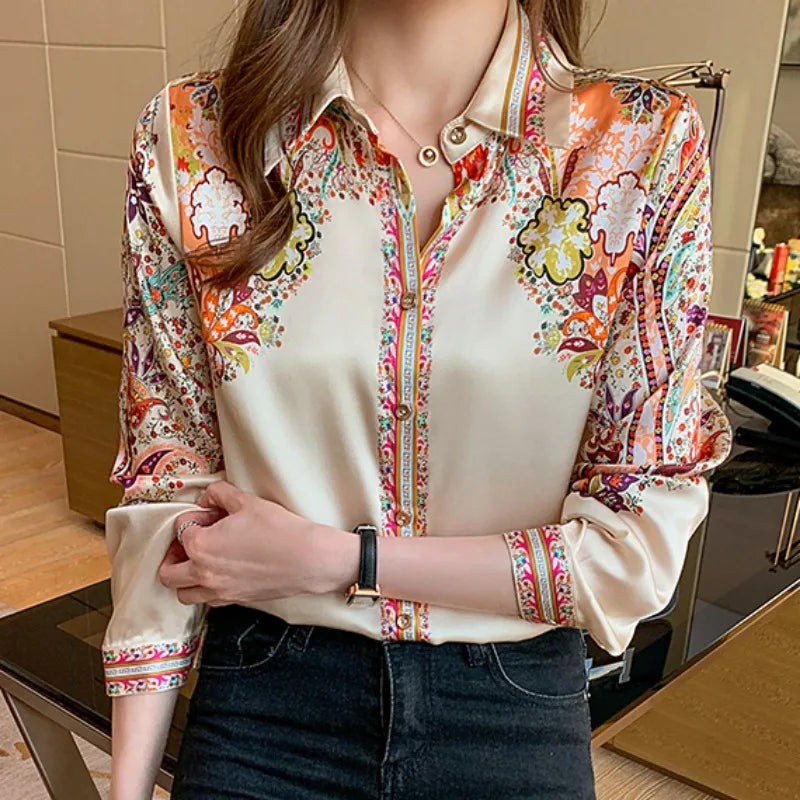 Long Sleeve Shirts Casual Tops Spring Fashion Women Floral Print Blouse Tops Ladies Shirts
