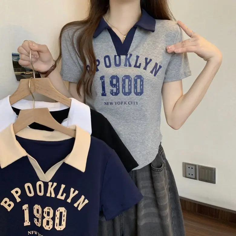Women Summer Korean Fashion Letter Printing Slim Polo Collar Short Sleeve T-Shirt Simplicity Office Lady All-match Casual Tops