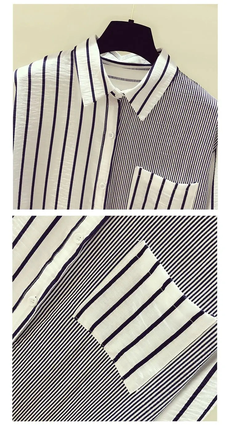 Korean Summer Trendy Women's Shirt Loose Casual Striped Patchwork Shirts Pocket Office Lady Sweet Women's Top