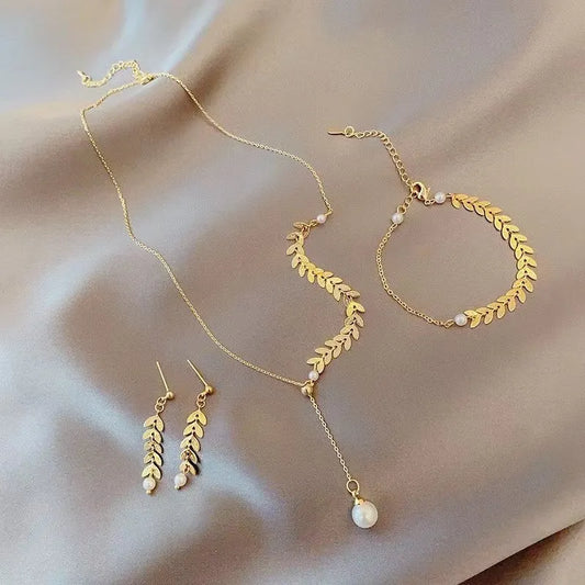 Simple Wheat Ear Pearl Bracelet Necklace Earrings Jewelry Set for Women