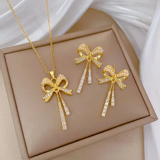 Exquisite and Fashionable Hollow Pearl Bow Tassel Necklace Earrings Set