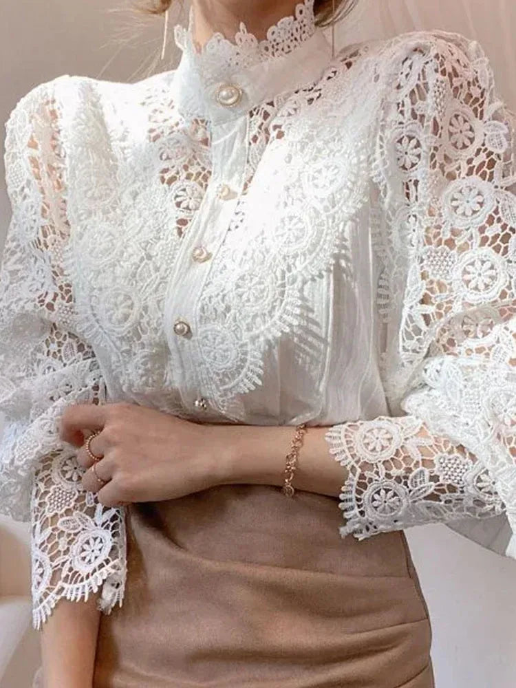 Shirt Women Office Lady Flower Blouse Spring Hollow Out Lace  Stand Collar Button Female Clothing