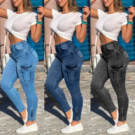Sheath Pencil Pants Pockets Cargo Denim Distressed High Waist Women Jeans