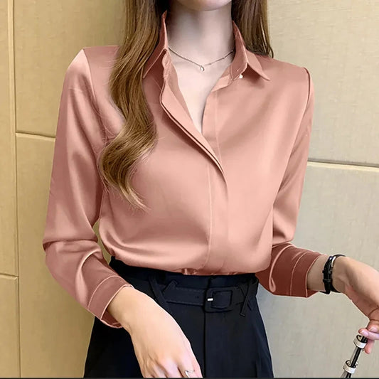 Satin Women Shirt Vintage Long Sleeve Blouse Women Silk Elegant Womens Tops
