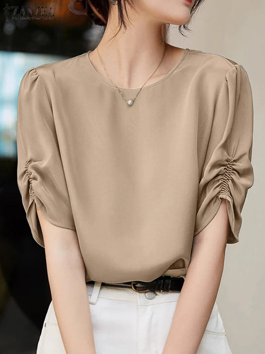 Solid Casual Office Work Tops Fashion Summer Short Sleeve Elegant Loose Blouse