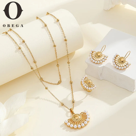 Obega Half Hollow Out Round Pearl Jewelry Sets Gold Plated Earrings Ring Ladies Natural Pearl Inlaid Necklace Set