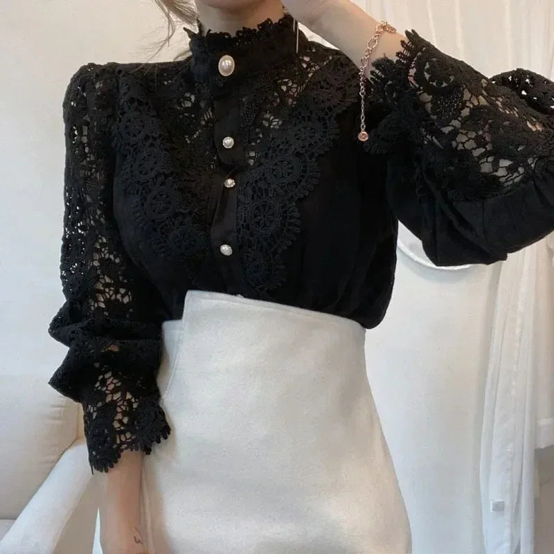 Shirt Women Office Lady Flower Blouse Spring Hollow Out Lace  Stand Collar Button Female Clothing