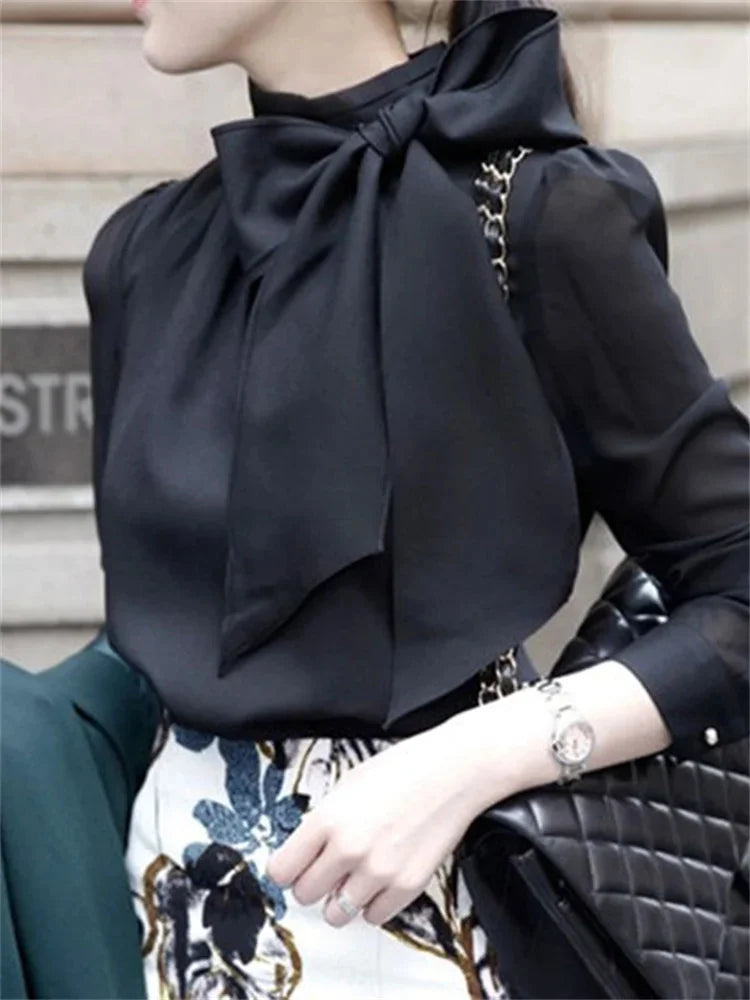 Women Chiffon Blouses Shirts Lady Casual Long Sleeve White Black Bow Tie Collar top