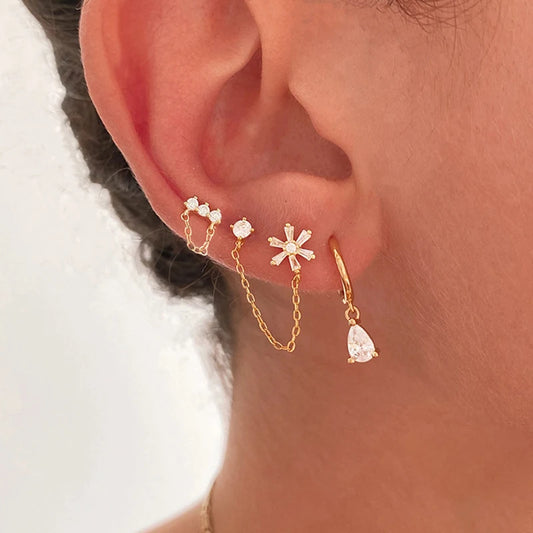 3PCS New Stainless Steel Zircon Tassel Chain Dangle Earrings Set for Women Gold Color