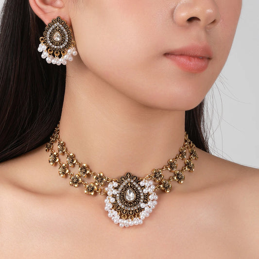 Antique Golden Flower Chain Necklace Set Women's Crystal Waterdrop Pearl Tassel  Earrings Necklaces Retro Bohemian Jewelry