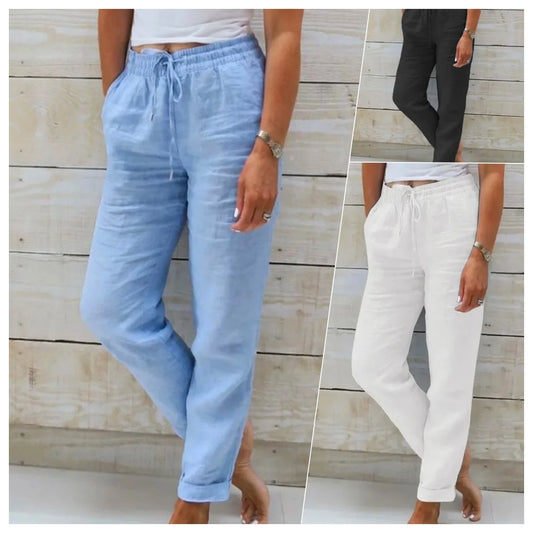Cotton Linen Summer Pants for Women High Waist Elastic Casual Trousers, Loose Pencil Pants