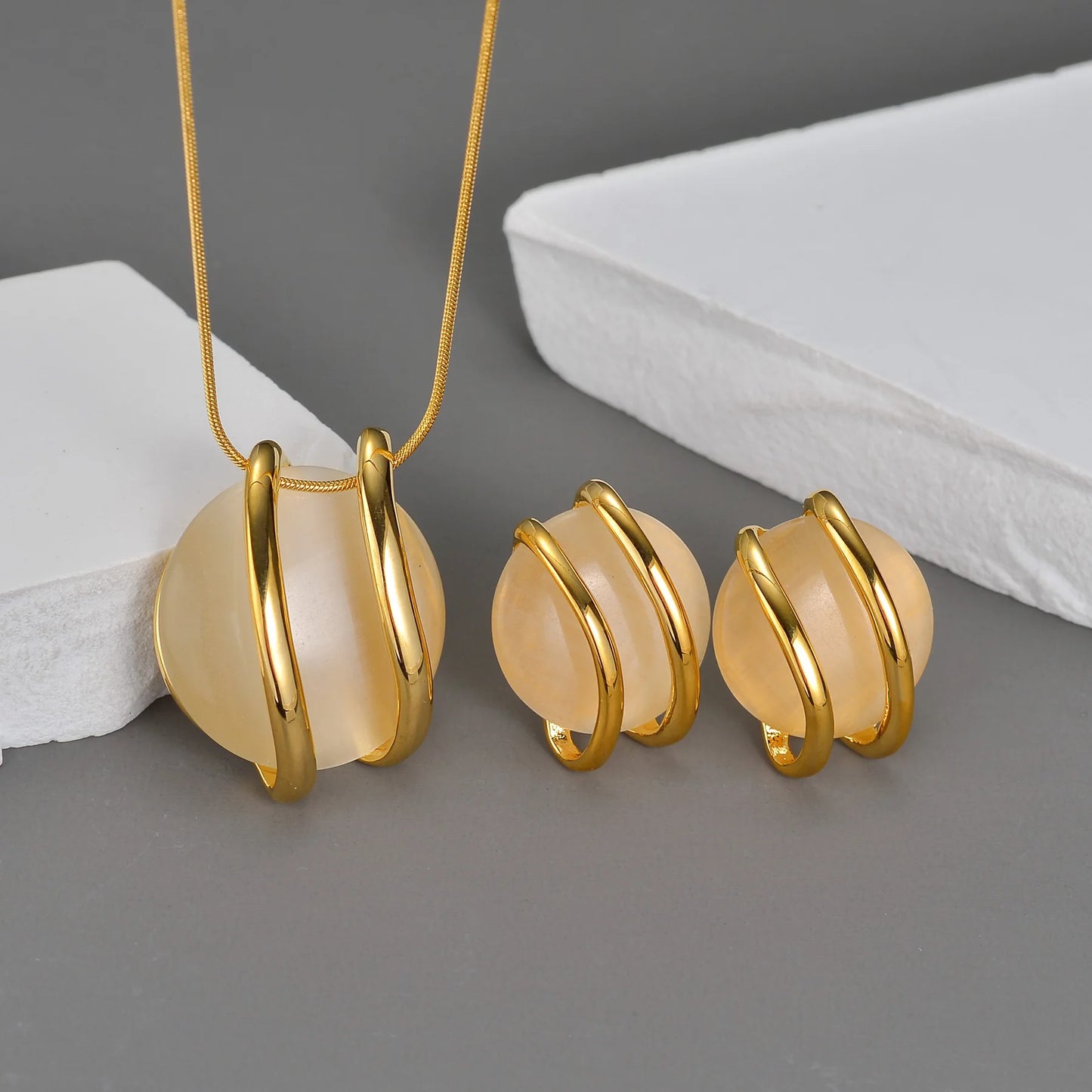 Trendy Fashion Stainless Steel Round Natural Stone Stud Earrings Necklace For Women Choker Jewelry Set