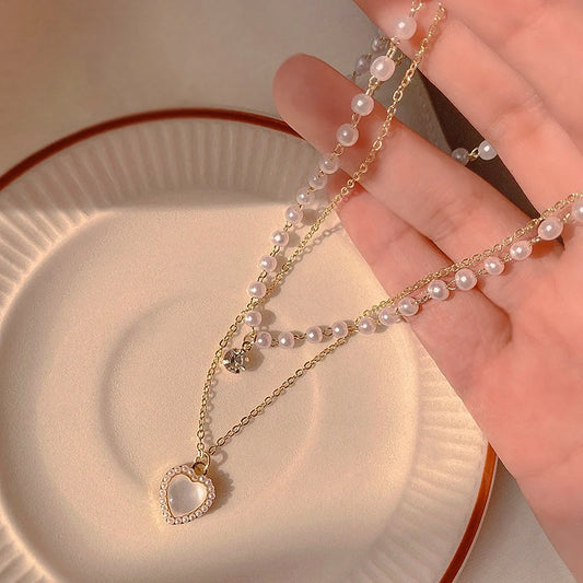 Fashion Cute Love Heart Shaped Pendant Necklace Pearl Chain for Women