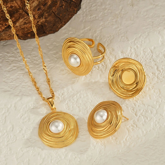 Elegant Imitation Pearl Necklace Earrings Ring For Women Vintage Stainless Steel Jewelry Set