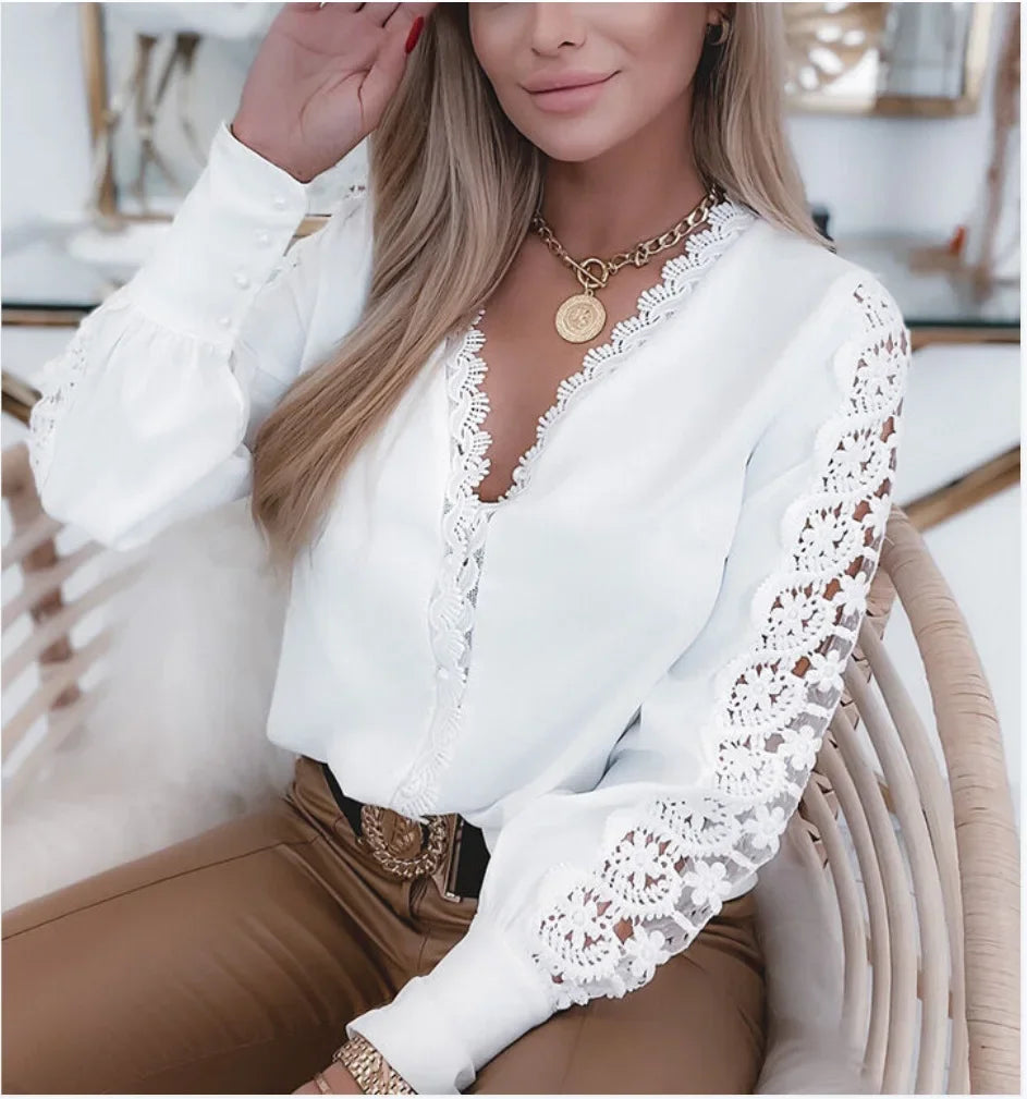 Vintage White Lace Shirt for Women, Long Sleeve, Crochet Blouse, Elegant Hollow Out Tops