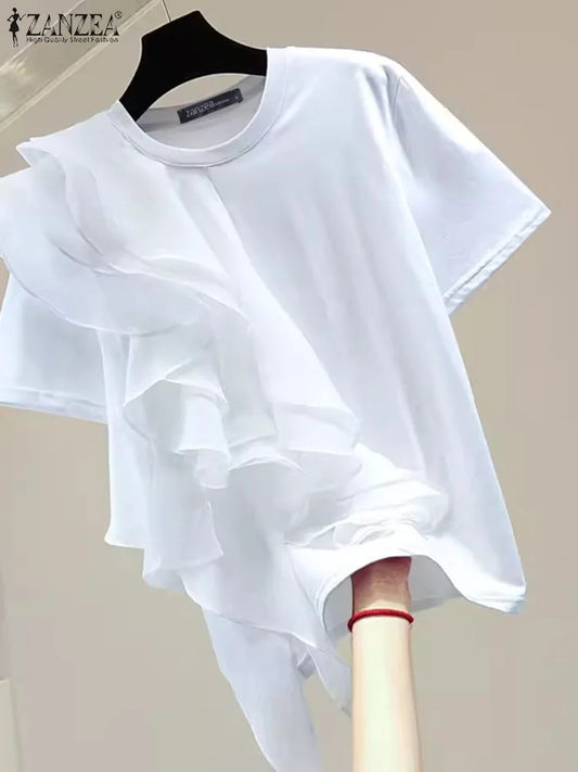 Women Ruffled Stitching Blouse Fashion Holiday O-neck Tops Summer Short Sleeve