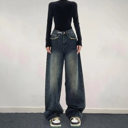 Wide Leg, Floor Length Loose Denim High Waist Vintage Hip Hop Streetwear Women Jeans