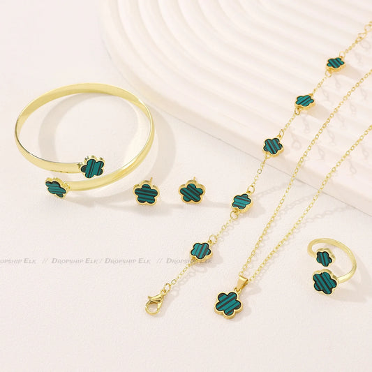 Hot Selling Plum Blossom Plant Five Leaf Flower Jewelry Set Bracelet Necklace Earrings Women Stainless Steel High Quality