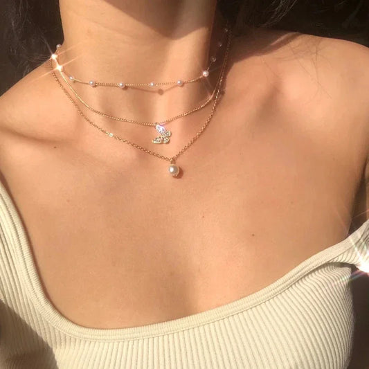 Fashion Butterfly Crystal Pearl Pendant Necklace Clavicle Pearl Chain Layered Necklace for women