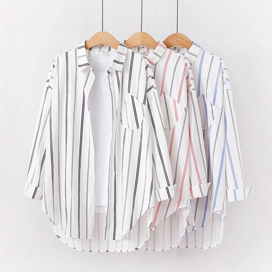 Loose Casual Striped Shirts New Ladies Sweet Simple Style Long Sleeve Print Female Blouse